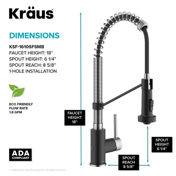 KRAUS Bolden Touchless Sensor Commercial Style Pull-Down Single Handle 18-Inch Kitchen Faucet in Spot-Free Stainless Steel/Matte Black, KSF-1610SFSMB