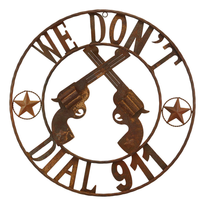 Ebros Oversized 24Diameter Round Wild West We Don't Dial 911 With 2 Crossed Six Shooter Guns Metal Wall 3D Art Sign Plaque West