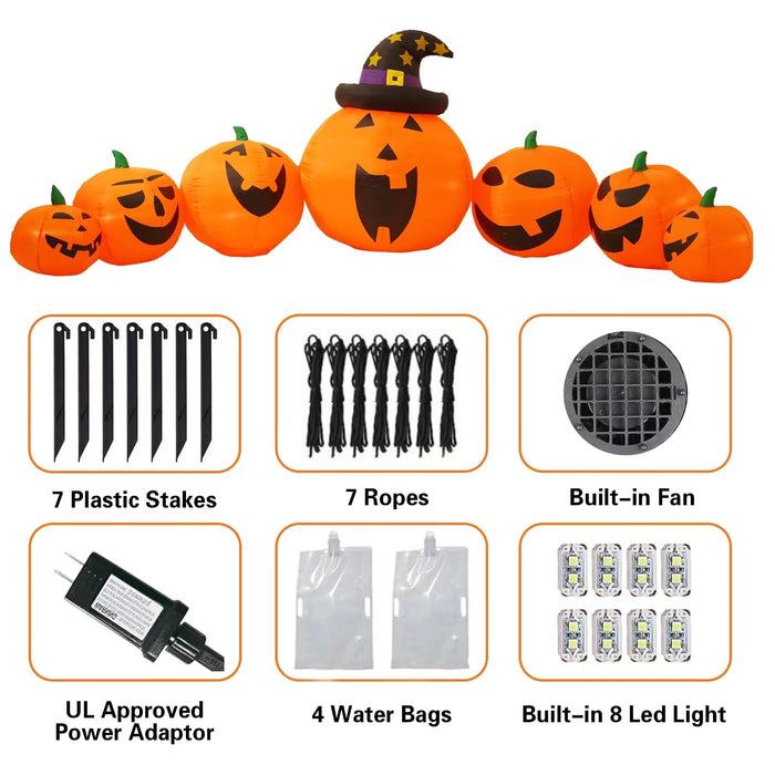 (Extra Long & Large) 12Ft Halloween Inflatables Outdoor Decorations 7 Pumpkins With 1 Witch Hat With Build-In Led Lights Blow Up