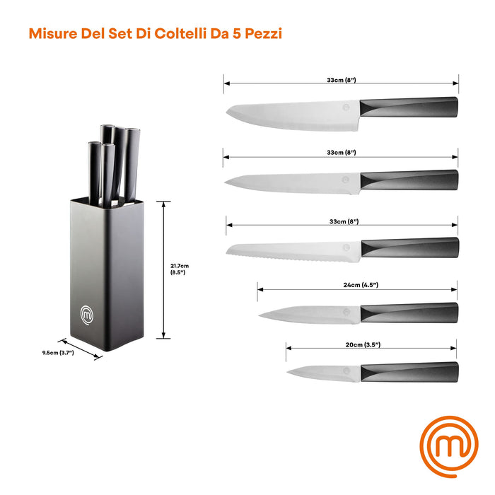 MasterChef Knife Block Set of Kitchen Knives, 5pc Stainless Steel Cooking  Knife Collection incl. Paring, Carving, Bread, Santoku & Chef Knife with