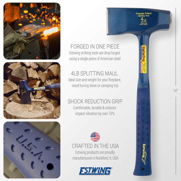 ESTWING Fireside Friend Axe - 14" Wood Splitting Maul with Forged Steel Construction & Shock Reduction Grip - E3-FF4
