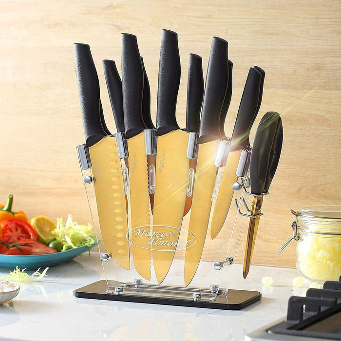 Golden Titanium Knife Set with Acrylic Stand, Kitchen Knives Set