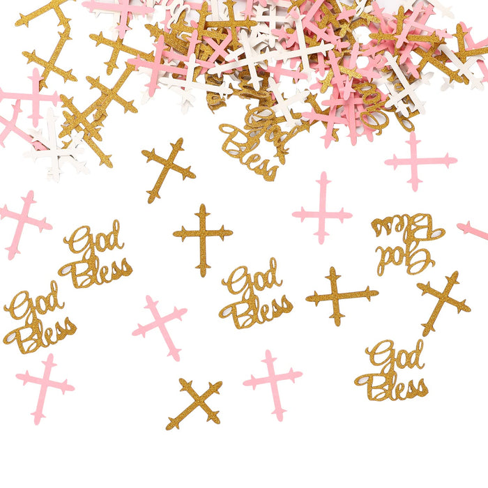 300 Pieces God Bless Confetti Glitter Cross Confetti, Pink Gold Glitter Cross Confetti Baptism Decorations for Girls Wedding, Birthday, Communion Baptism, Baby Shower, and Christmas Party Decor