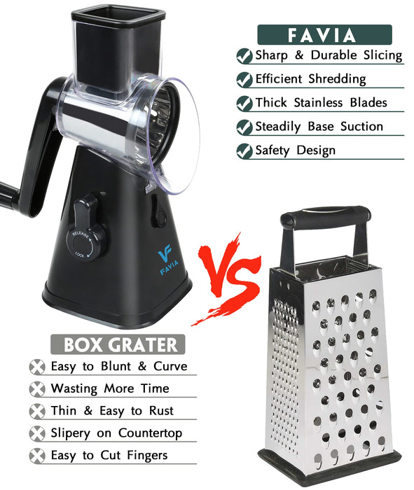 FAVIA Rotary Cheese Grater with Handle - Vegetable Shredder with 3 Stainless Steel Drum Blades, Round Mandoline Slicer Nuts Grinder