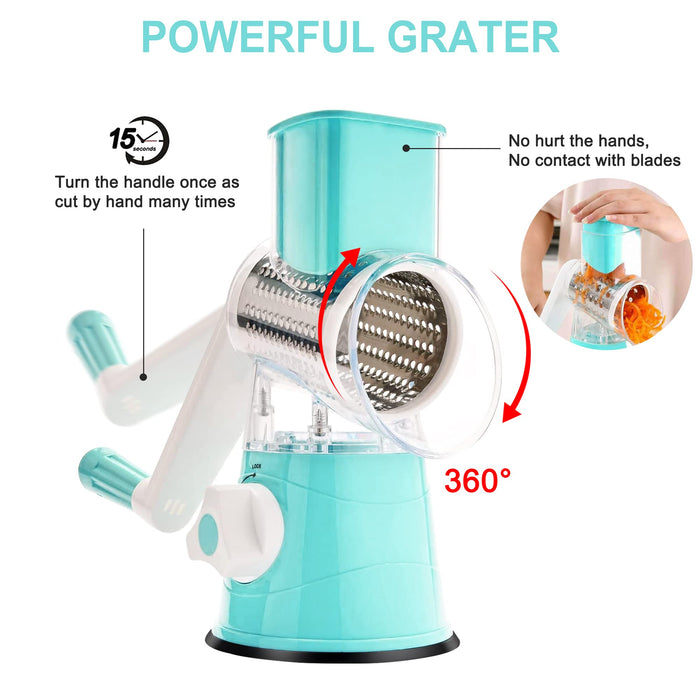 Manual Rotary Cheese Grater Round Vegetable Potato Carrot 3 Interchangeable Cheese Grater Mandoline Slicer with Strong Suction