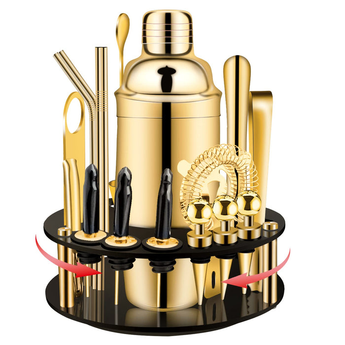 X-cosrack 19-Piece Bar Set,Gold Cocktail Shaker Set for Drink Mixing:Stainless Steel Bar Tools with Rotating Stand,Professional