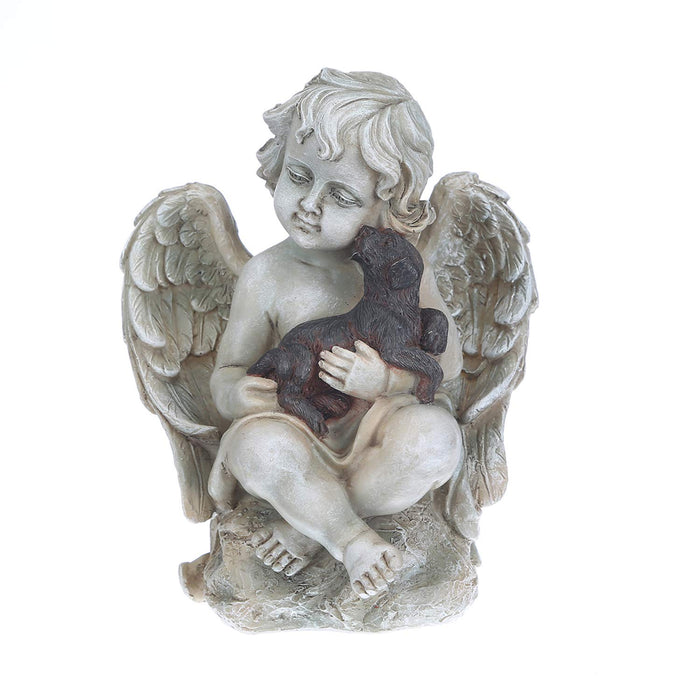 Angel Sculpture with A Little Dog in Arms, Garden Ceramic Statue, Angel Figurine Tabletop Decor, Angel with Wings Statue for Indoor Outdoor