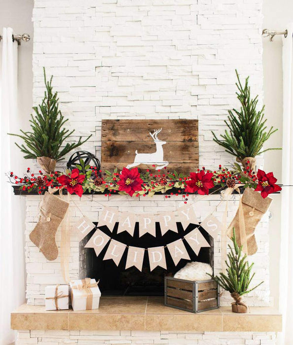 DearHouse 5.3 Ft Berry Christmas Garland, Artificial Poinsettia Garland with Red Berries and Holly Leaves, Pine Cone Garland for Winter Holiday Year Decor