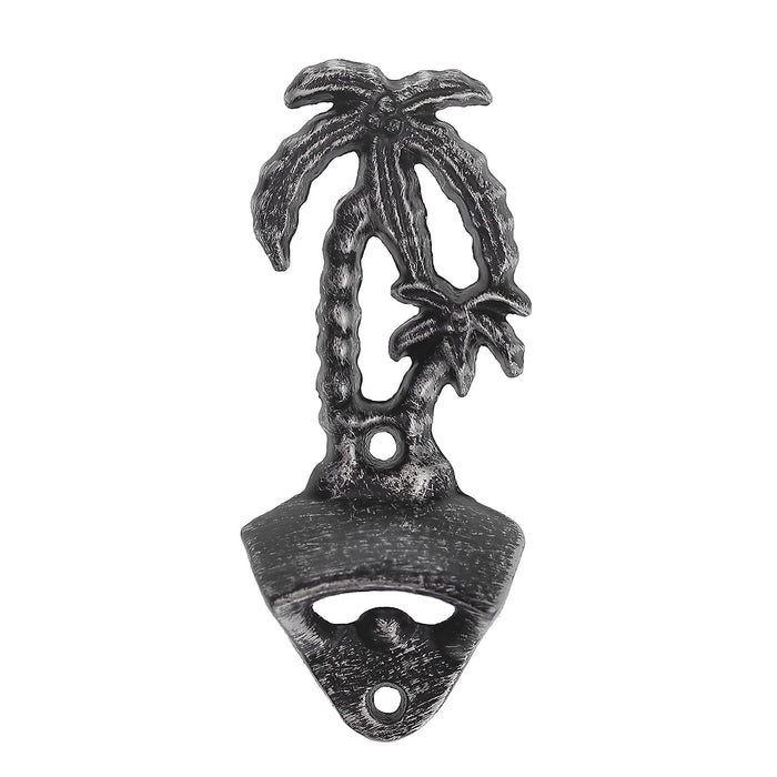 Luwanburg Aged-Silver Palm Tree Cast Iron Beer Bottle Opener Wall Mounted with Strongly Magnetic Cap Catcher for Patio Beach Farm