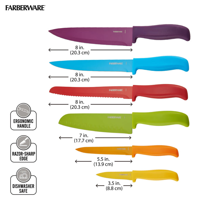 Farberware 12-Piece Non-Stick Resin Kitchen Knife Set, Dishwasher-Safe Kitchen Knife Set with Custom-Fit Blade Covers, Razor-Sharp Knife Set, Multicolor