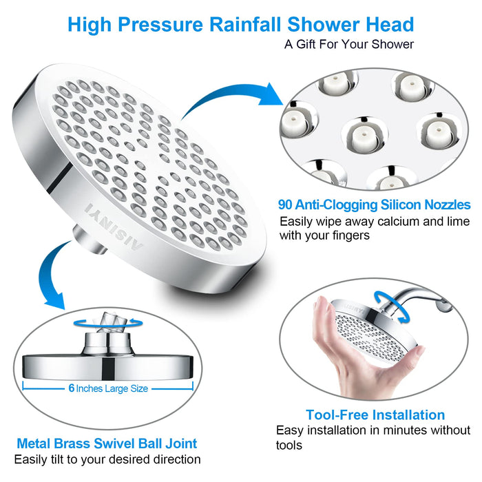 AISINYI High Pressure Rainfall Shower Head, 6 Inches Luxury Modern Showerhead with Perfect Adjustable Replacement, Removable Restrictor, Easy Installation for Your Bathroom Shower Heads(Chrome Plated)