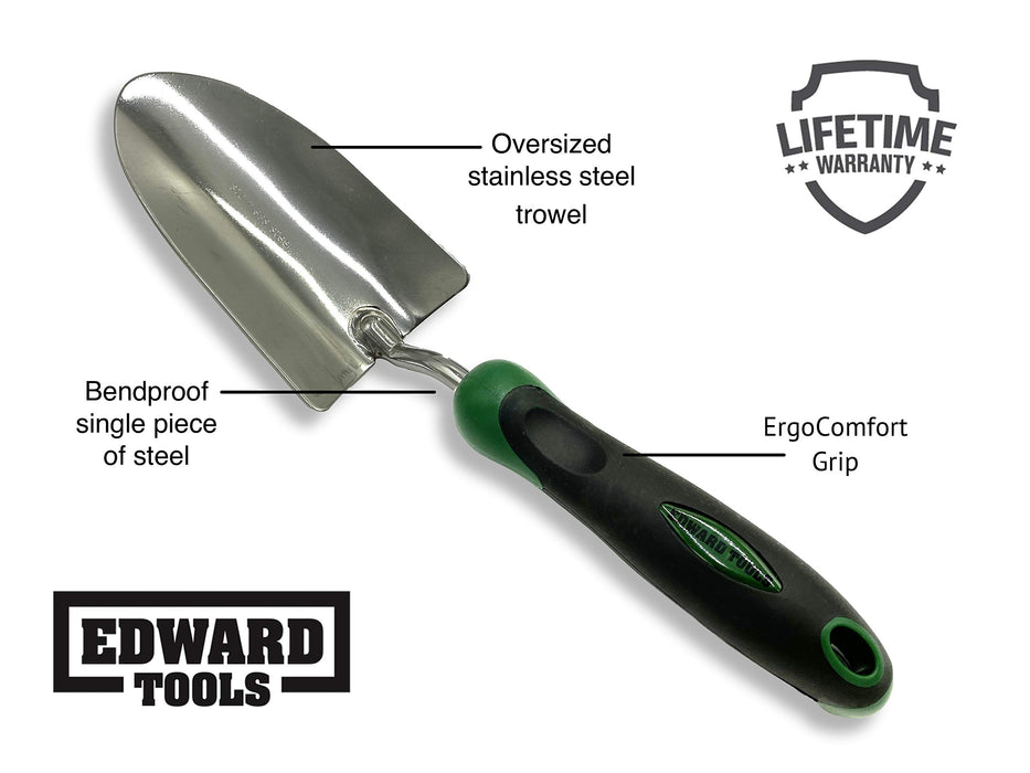 Edward Tools Bend-Proof Garden Trowel - Heavy Duty Polished Stainless Steel - Rust Resistant Oversized Garden Hand Shovel for Quicker Work - Digs Through Rocky / Heavy soils - Comfort Grip (1)