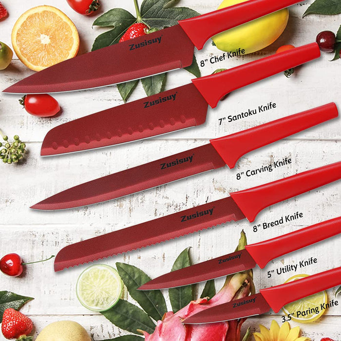 Zusisuy Red Professional Kitchen Knife Chef Set, Kitchen Knife Set Stainless Steel, Kitchen Knife Set Dishwasher Safe with Sheathes
