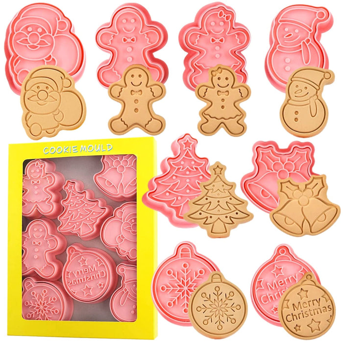 Crethinkaty Christmas Cookie Cutter Set, 8pcs 3D Pressable Christmas Cookie Cutters and Stamps- Gingerbread Man, Christmas Tree