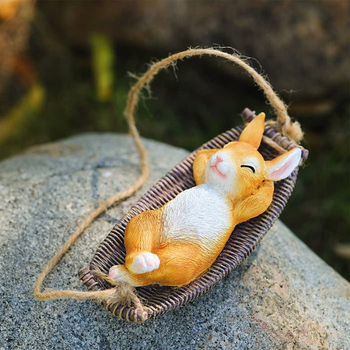 Hammock Rabbit Decoration, Creative Garden Swing Hanging Rabbit, Tree Rope Hanging Crafts Animal Sculptures, Individual Decoration for Yard Garden Outdoor Indoor.
