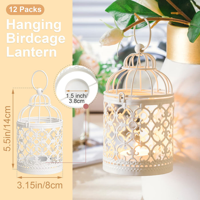 Vesici 12 Pack Small Metal Tealight Hanging Birdcage Lantern Vintage Decorative Centerpieces Table Top Candle Holder Candle Lante