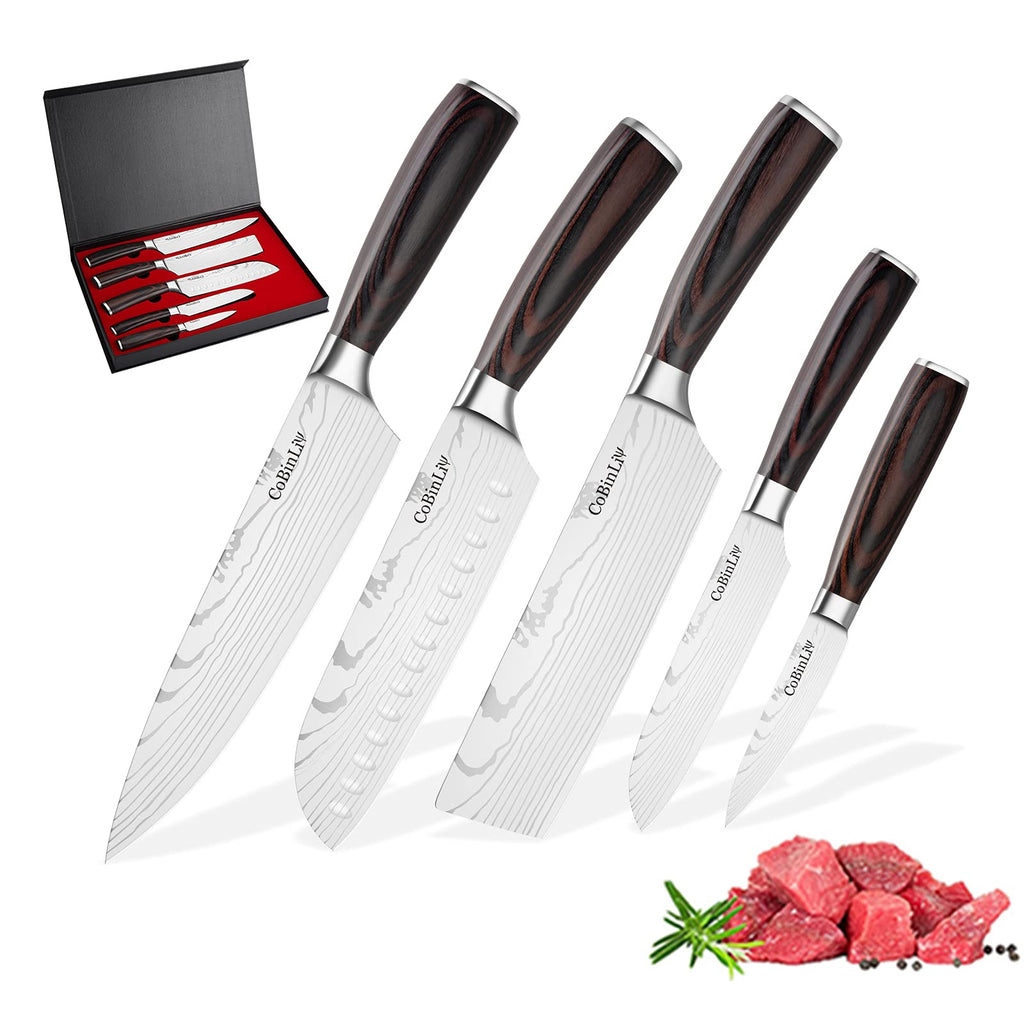  FineTool Kitchen Knife Sets, Professional Chef Knives Set  Japanese 7Cr17mov High Carbon Stainless Steel Vegetable Meat Cooking Knife  Accessories with Red Solid Wood Handle, 6 Pieces Set Boxed Knife: Home 