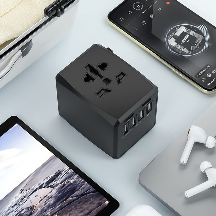 Universal Travel Power Adapter, International Travel Plug Adapter, 4 USB and 2 Type-C with Power Plug, Perfect for Purope, US, EU, UK, AU 180 Countries