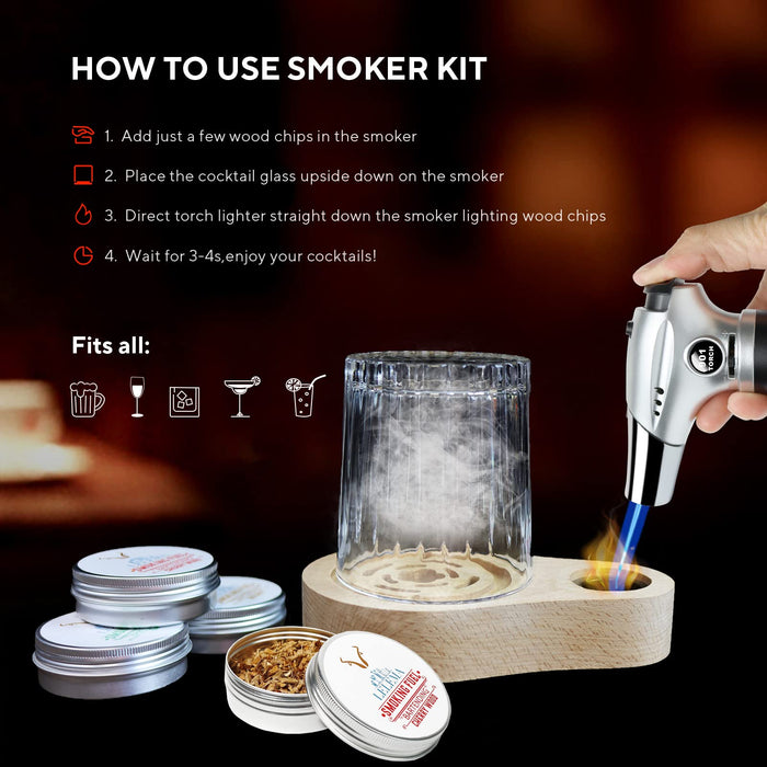 LELEMA Cocktail Smoker Kit with Torch, 50 Old Fashioned Cocktail Cards and Video, 4 Natural Wood Chips for Smoker, Whiskey Smoker