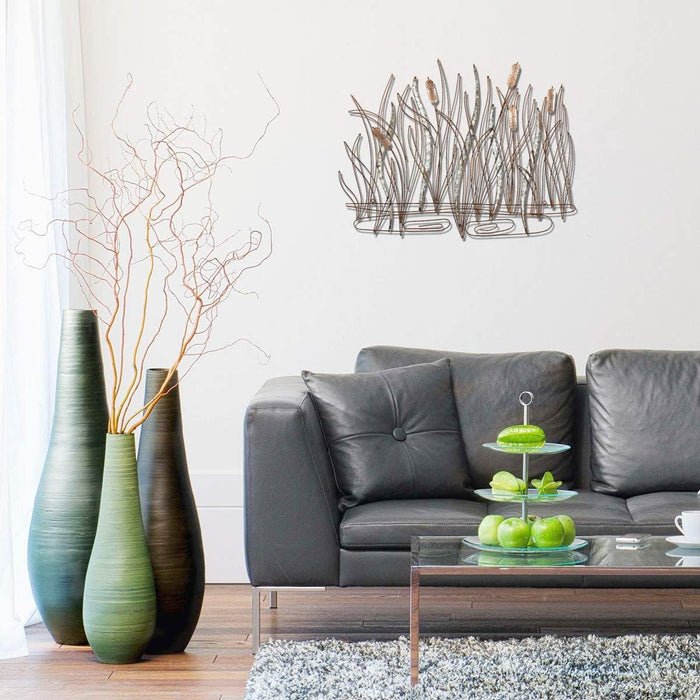 KUWIVO Metal Wall Decor with Leaves Galvanized 28 W x 22 H Wire Wall Art Cattails Bulrush Reeds Sculptures,Distressed Rust