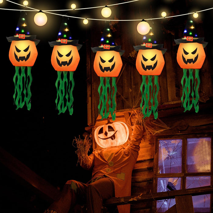 5Pcs Halloween Pumpkin String Lights, Scary Halloween Hanging Pumpkins Outdoor Halloween String Lights Witch Hat Pumpkin Light