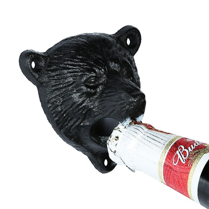 Kipokalor Wall Mounted Bottle Opener,Cast Iron Wall Mount Grizzly Bear Teeth Bite Bottle Opener with Black Catcher black Catcher