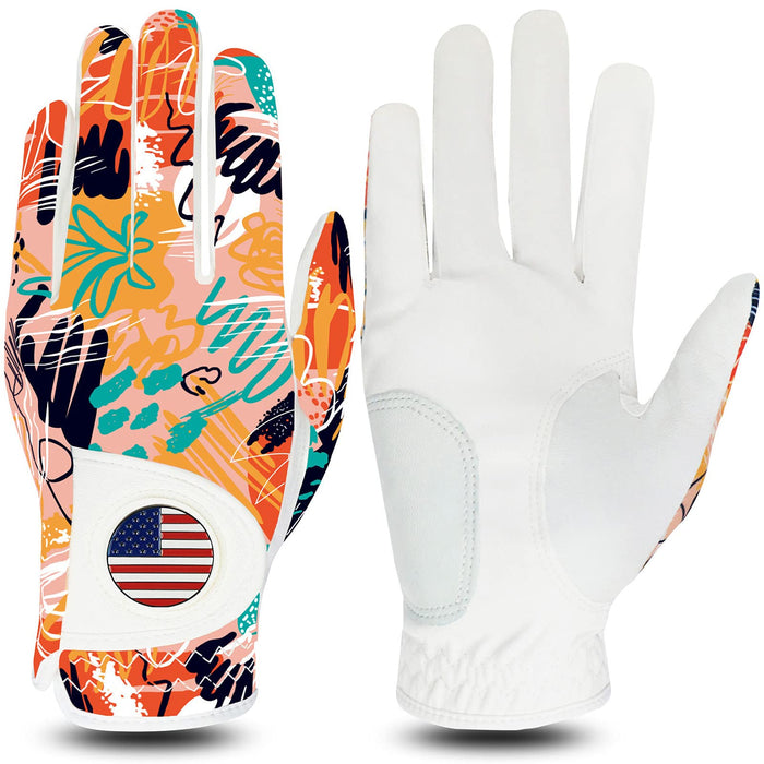 FINGER TEN Golf Gloves Women Right Handed Golfer Left Hand with Ball Marker USA Ladies Breathable Soft All Weather Extra Grip Printed Pattern Color Size S M L XL