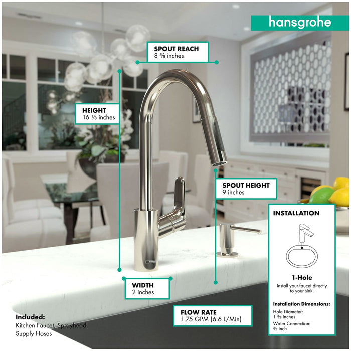 Hansgrohe 04505800 Focus High Arc Kitchen Faucet, 1.75, Stainless Steel Optic