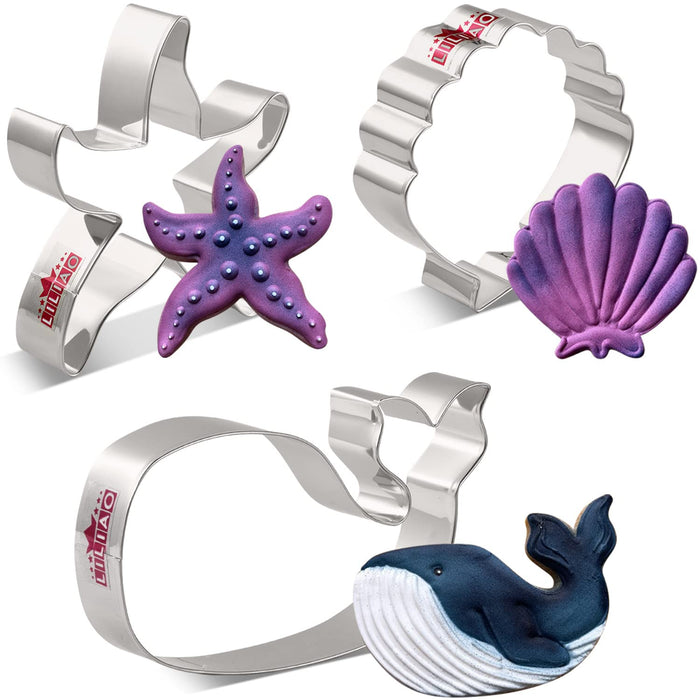 LILIAO Ocean Creatures Cookie Cutter Set - 3 Piece - Whale, Starfish and Seashell Biscuit Fondant Cutters - Stainless Steel