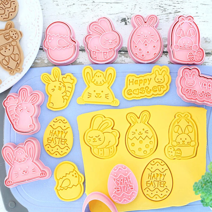 Crethinkaty Easter Cookie Cutter Set, 8pcs 3D Pressable Easter Biscuit Cutters Set - Happy Easter Bunny,Happy easter eggs