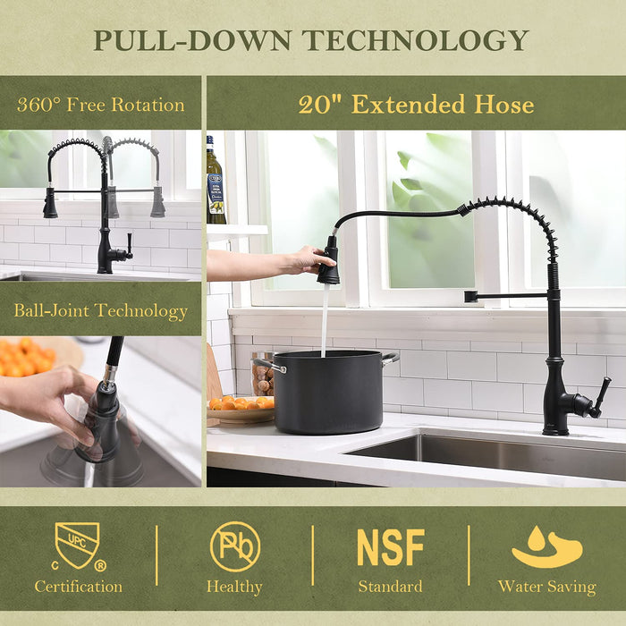 Commercial Kitchen Faucet with Pull Down Sprayer Black, Pre-Rinse Solid Brass Single Handle Spring One Hole High Arc Kitchen Sink Faucet, APPASO (Matte Black)
