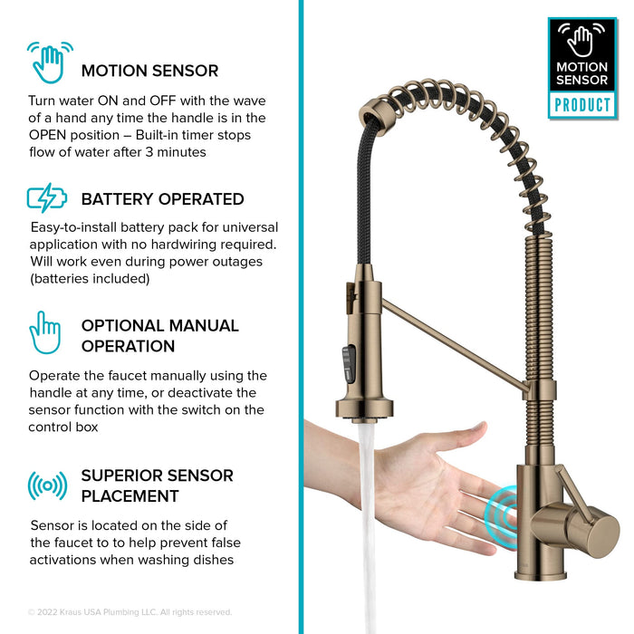 KRAUS Bolden Touchless Sensor Commercial Pull-Down Single Handle 18-Inch Kitchen Faucet in Spot Free Antique Champagne Bronze, KSF-1610SFACB