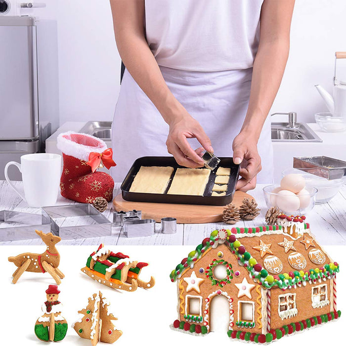 SAKOLLA 18 PCS Gingerbread House Cookie Cutter Set, 3D Stainless Steel Christmas House Fondant Cutter Kit