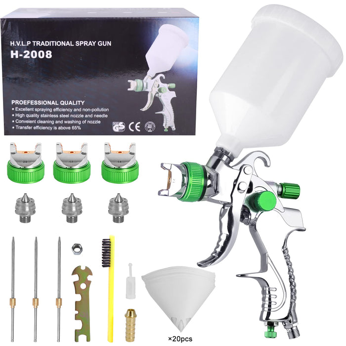 HVLP Spray Gun with Replaceable 1.4mm 1.7mm 2.0mm Nozzles Needle Cap  Automotive Air Paint Sprayer Gun Kit with 600cc Capacity Cup for Car