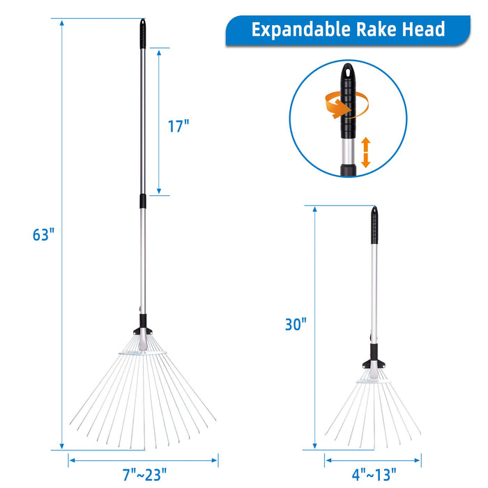 Decorlife 2-Pack Adjustable Yard Rake Set, Include 15-Tine 63" Rake and 9-Tine 30" Rake, Extendable Handle and Adjustable Head, Multipurpose Garden Leaf Rake Kit