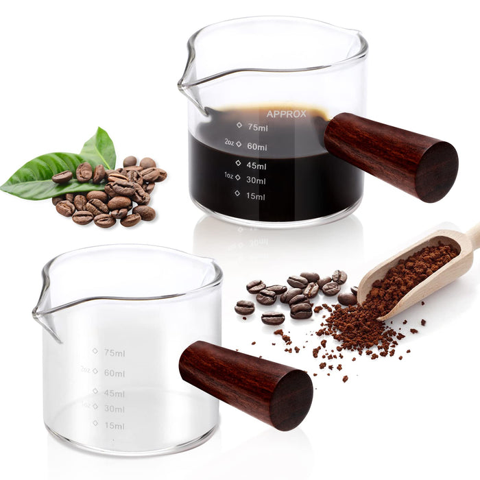 Single/Double Spout Glass Measure Cup, Wooden Handle Espresso