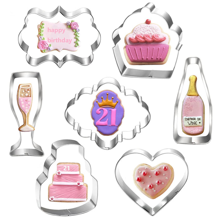 Birthday Wedding Cookie Cutter Set-7 Piece-Cake, Heart, Cupcake, Champagne, Wine Bottle, Plaque Cookie Cutter Mold