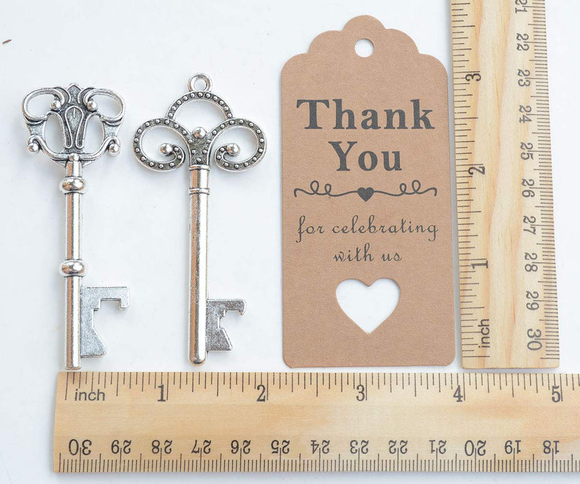 50 Pcs Silver Skeleton Key Beer Bottle Opener With 100 Pcs Thank You Card and 98 Feet Hemp Rope for Wedding Party Favors