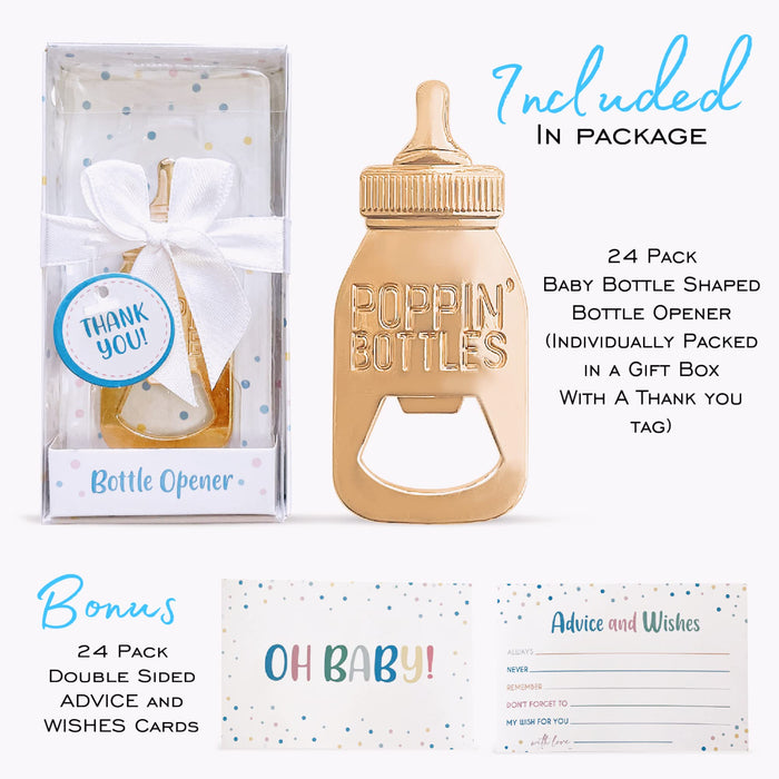 24 Pack POPPIN BOTTLES Baby Shower Favor , Baby Bottle Opener with ADVICE and WISHES Cards , GOLD Bottle Opener for Baby Shower