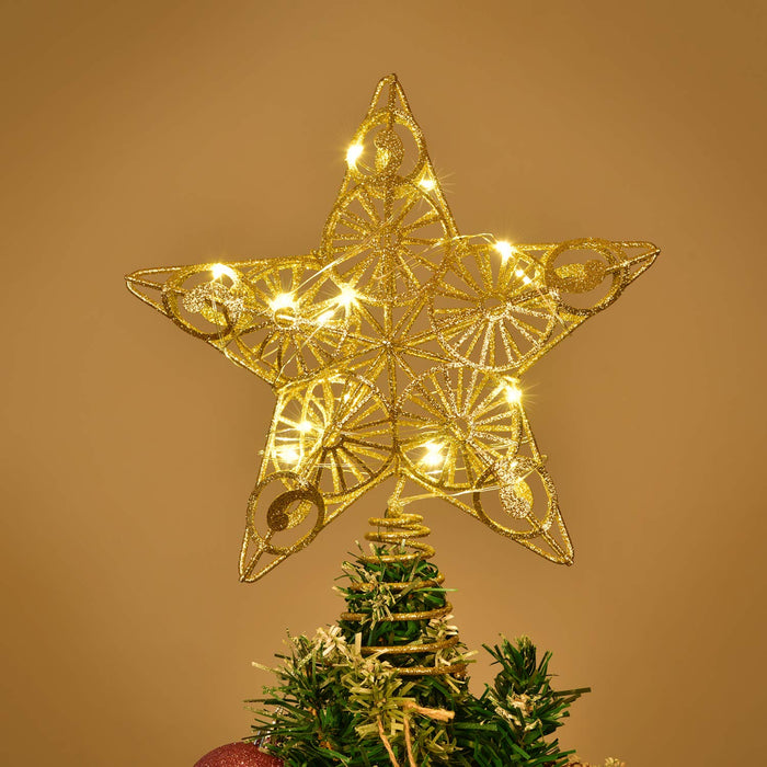 DearHouse 10.5 Inch Christmas Tree Topper with 15 LED Lights, Gold Lighted Treetop Christmas Tree Decoration Star Tree Topper Glittered Christmas Tree Decorations for Indoor Home Decor