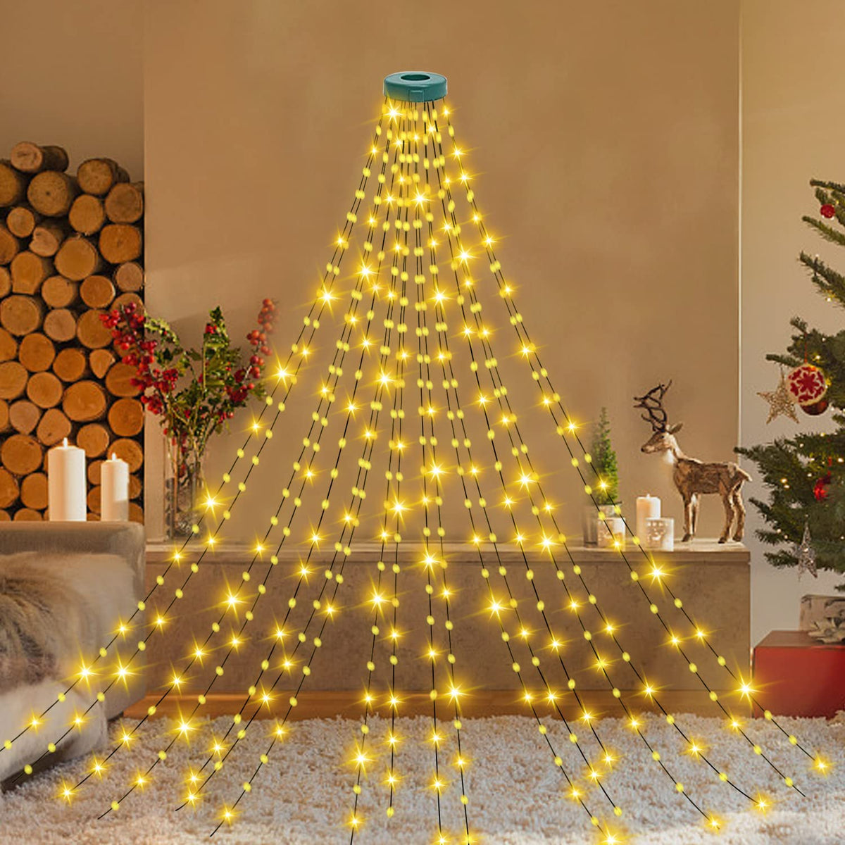 Christmas Tree Lights with Ring, 6.56FT x16 Lines 400LED Christmas Tree  Waterfall String Lights with 8 Modes Timer Waterproof Xmas Tree Fairy  Lights Indoor Outdoor for Xmas Tree Decor (Warm White) 