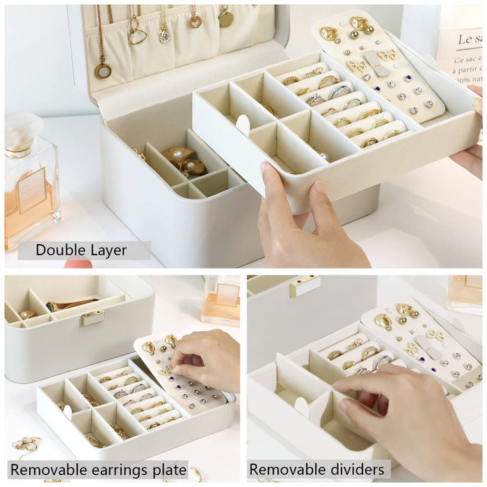 KAMIER Jewelry Organizer,2 Layer Jewelry Organizer Box for Earrings Bracelets Rings Necklaces,Luxury Leather & Soft Velvet Line