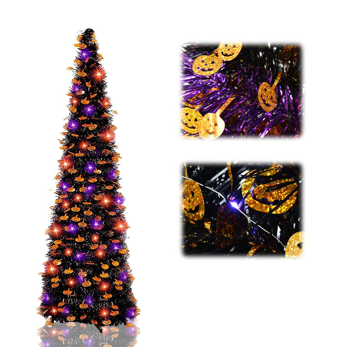 5 Ft Christmas Black Tree Timer DIY 50 Lights Battery Operated Pumpkin Top  Sequin Tinsel Artificial Pop Up Pencil Christmas Decoration Home Indoor