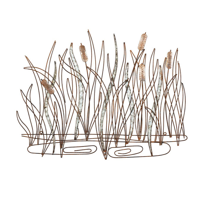 KUWIVO Metal Wall Decor with Leaves Galvanized 28 W x 22 H Wire Wall Art Cattails Bulrush Reeds Sculptures,Distressed Rust