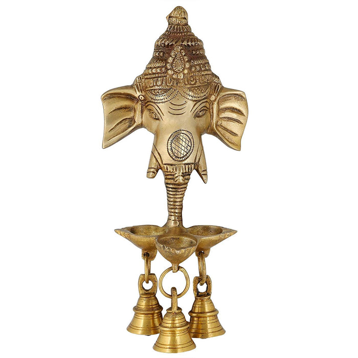 ITOS365 Brass Statue Decal Gansha Wall Hanging Puja Idol with Diyas and Bells 9.5 inch