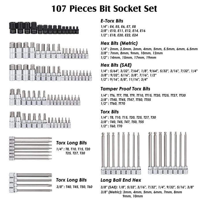 MIXPOWER 107 Piece 1/4 Inch, 3/8 Inch & 1/2 Inch Drive Bit Socket