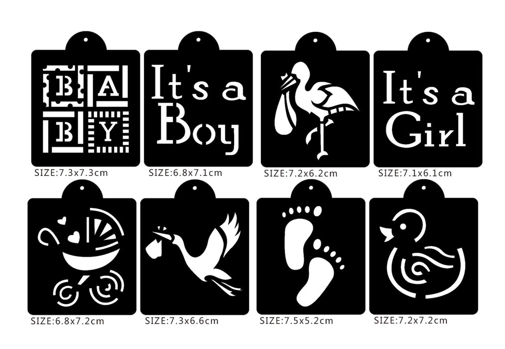 UgyDuky Baby Shower Baby Cookie and Cupcake Stencils - Set of 8 - It's a Girl, It's a Boy Baby, Carriage, Footprint, Flamingo, Duck Patterns, Semi-Transparent