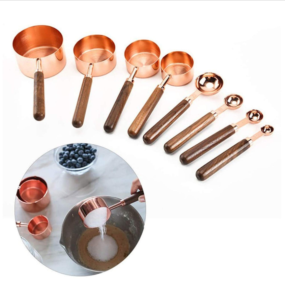 Measuring Cups Set 4pcs Stackable Metal Spoons With Wood Handle