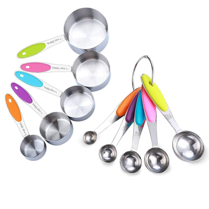 Stainless Steel Measuring Cups and Spoons Stackable Set, 10 Pieces.  Professional Metal Cookware Tools to Measure Liquid and Dry