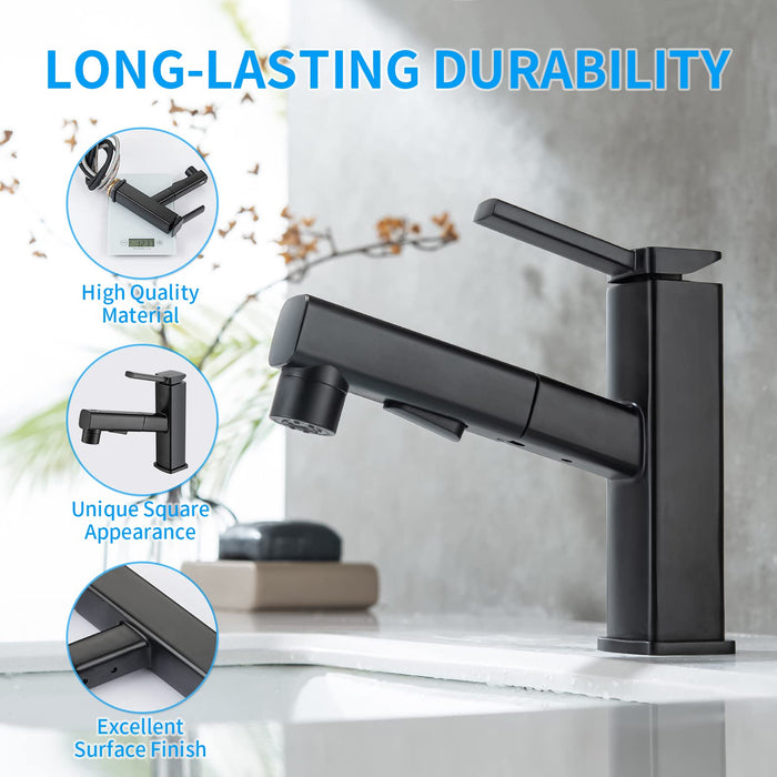 KAIYING 2 Handle Centerset Bathroom Sink Faucet, Black Bathroom Faucet 3  Hole with Pull Out Sprayer, 4 Inch Lavatory Faucet, Modern Vanity Faucet